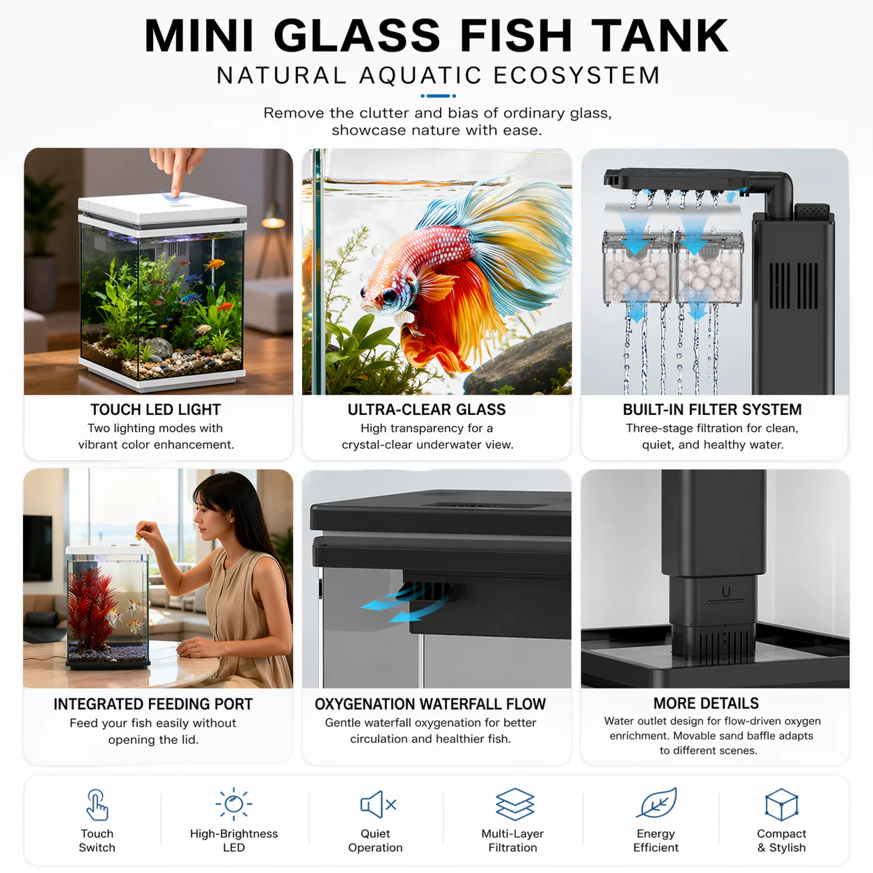 SUNSUN ATF-200 Desktop Fish Tank Black/White – Compact Aquarium with Built-in Filter & LED Light - Image 2