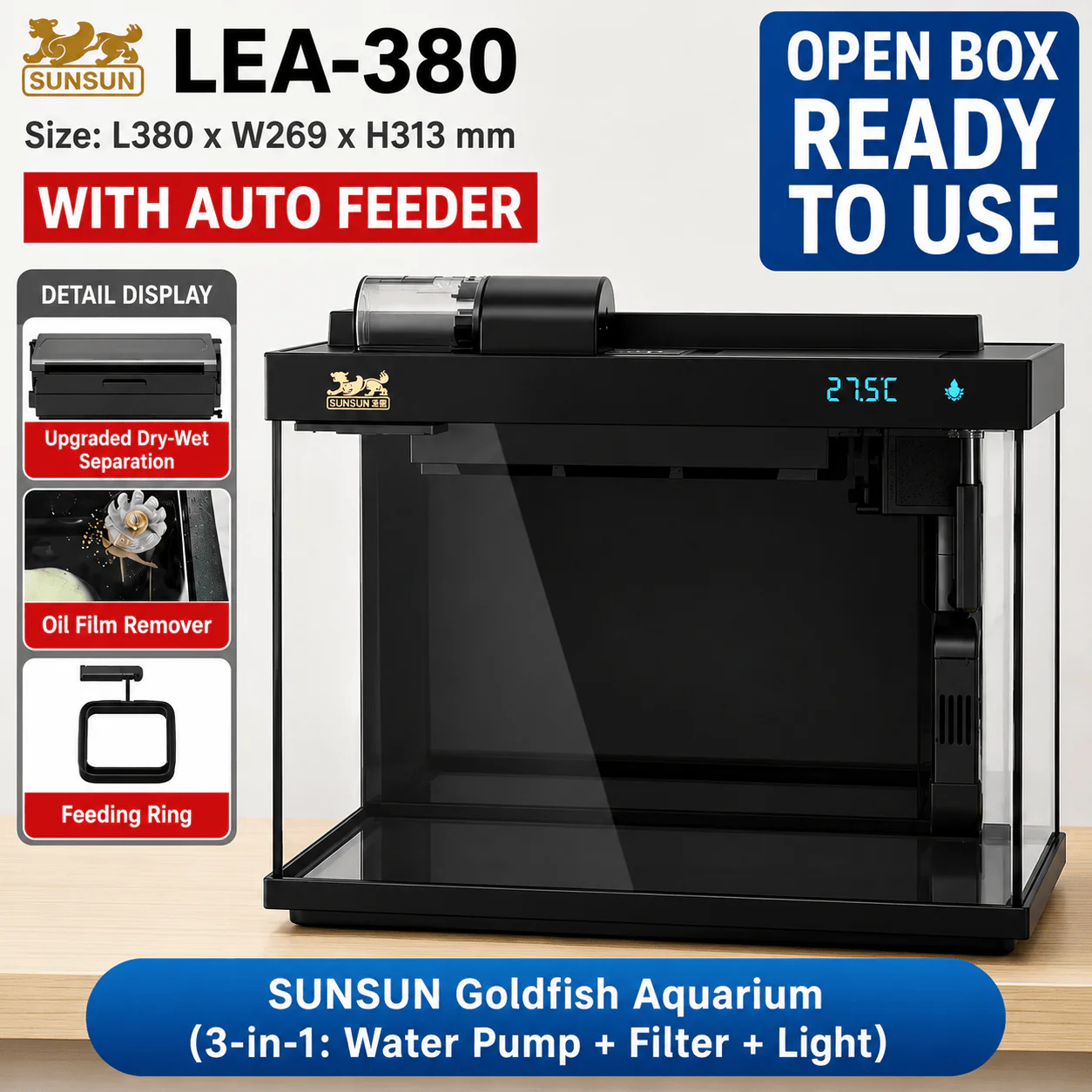 SUNSUN LEA-380/480A Black - Ultra Clear Desktop Aquarium Tank with Built-In Filter & LED Light