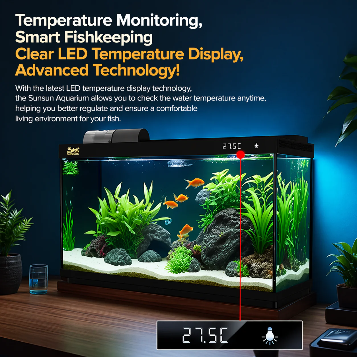 SUNSUN LEA-380/480A Black - Ultra Clear Desktop Aquarium Tank with Built-In Filter & LED Light - Image 10