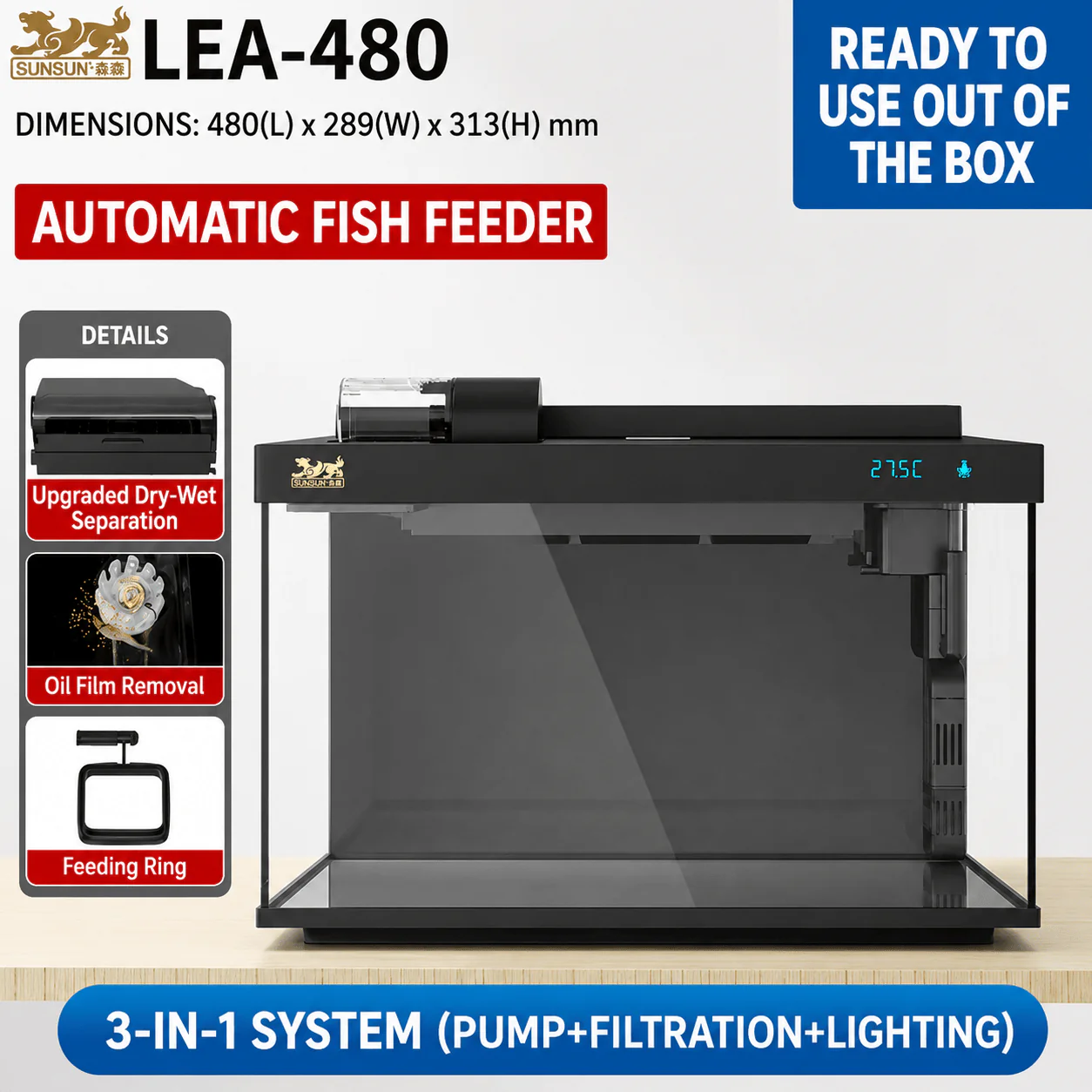 SUNSUN LEA-380/480A Black - Ultra Clear Desktop Aquarium Tank with Built-In Filter & LED Light - Image 2