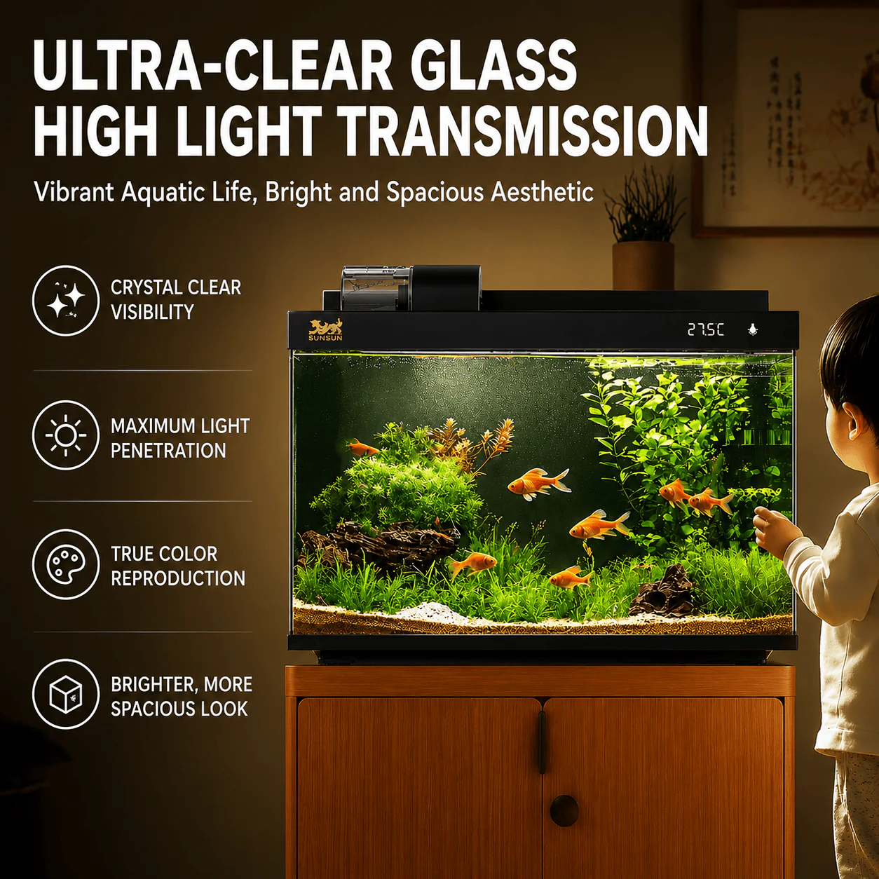 SUNSUN LEA-380/480A Black - Ultra Clear Desktop Aquarium Tank with Built-In Filter & LED Light - Image 4