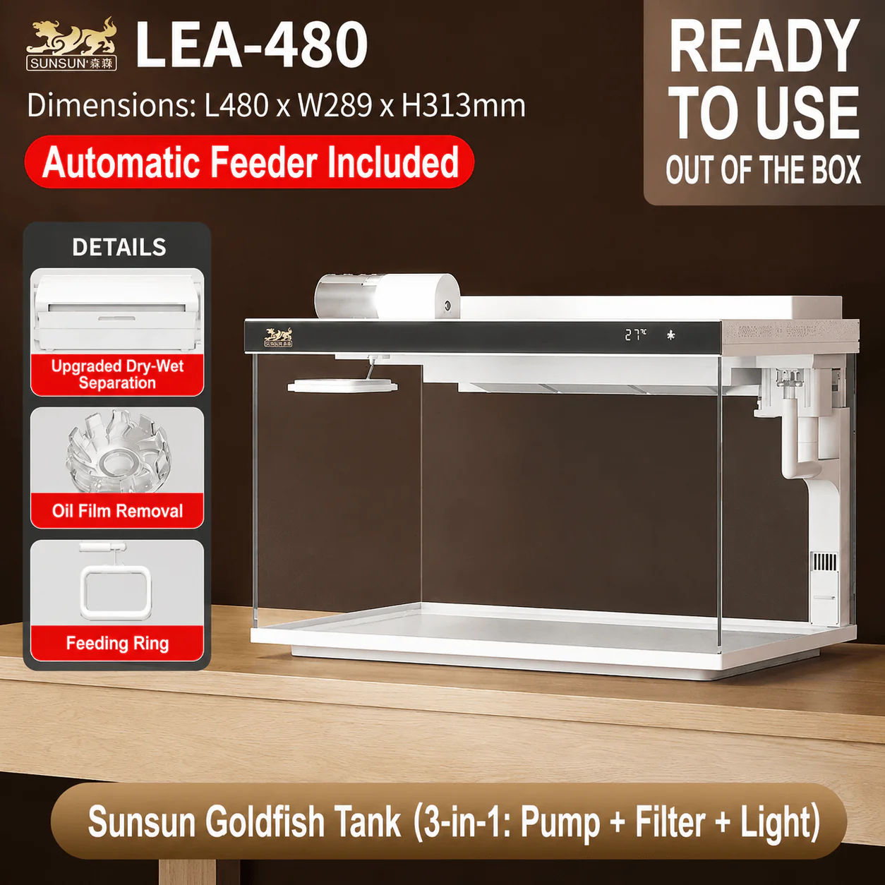SUNSUN LEA-380/480A White - Ultra Clear Desktop Aquarium Tank with Built-In Filter & LED Light - Image 2